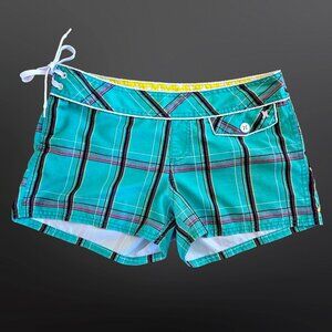 Y2K Hurley Plaid Micro Board Shorts Juniors Size 7 Green Side Tie Preppy